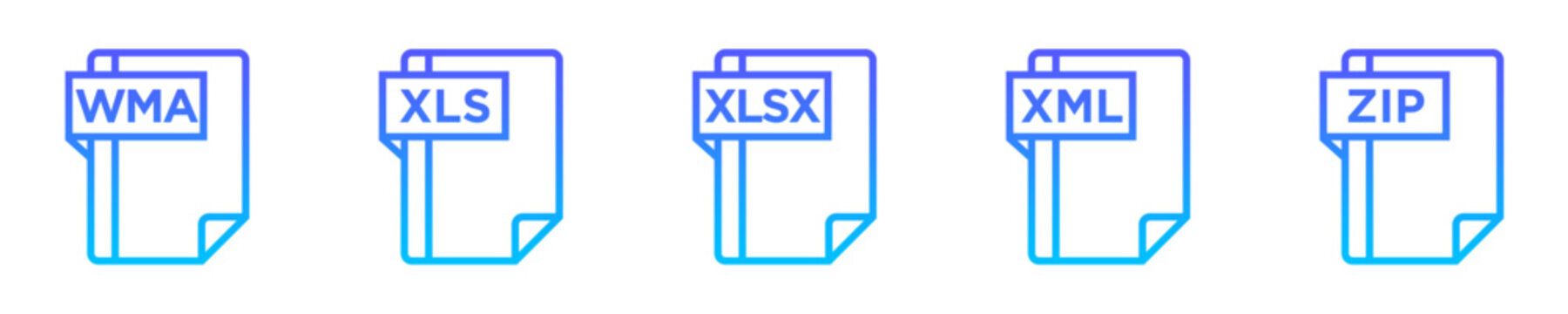 Set of file format icons with WMA, XLS, XLSX, XML and ZIP extensions in gradient line style.