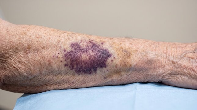 Detailed Close Up of Elderly Arm with Severe Bruise and Senile Purpura