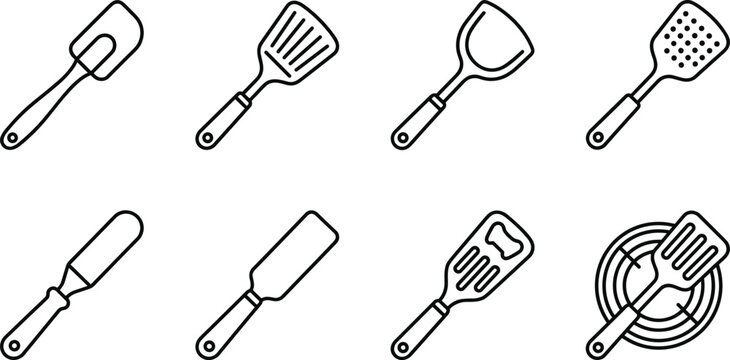 Kitchen Spatula and Cooking Utensil Line Icon Set for Restaurant Culinary Equipment and Bakery Branding Designs
