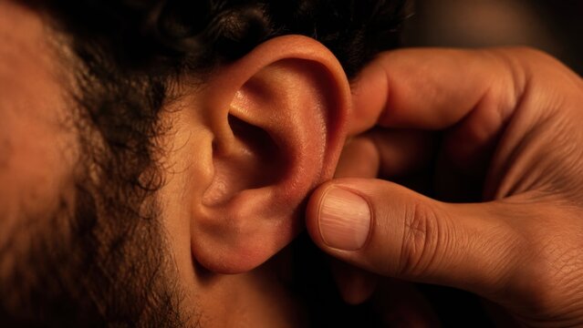 Close-up of a mans ear being gently touched by his fingers. Detail of human sensory organ and hand. Hearing, listening, or ear health concept