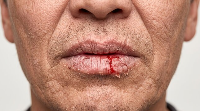 Close up of man mouth with severely dry cracked bleeding lips and cheilitis