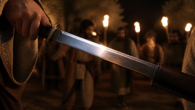 Hand holding drawn sword at night as crowd with torches approaches. Biblical scene of arrest of Jesus in Gethsemane. Gospel story of betrayal and faith. Good Friday concept.