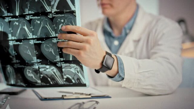 To make an accurate diagnosis, a doctor in a well-lit medical office carefully analyzes a series of MRI scans and X-ray images, identifying key features of the fracture to plan effective treatment