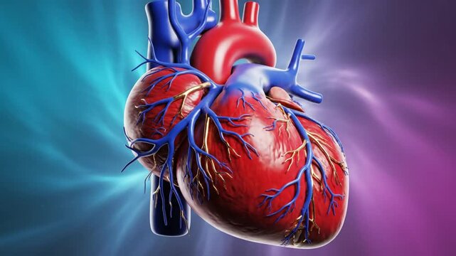 Anatomical 3D Render of Human Heart with Veins and Arteries Pumping Blood Against Abstract Background