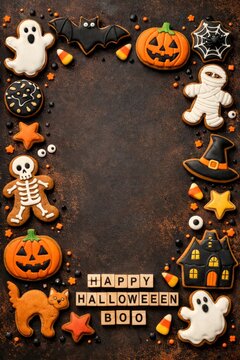 Halloween cookie border with pumpkins ghosts mummies and candy letters for festive halloween card background and party invitation