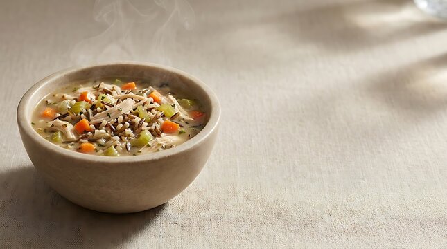 A steaming bowl of homemade chicken wild rice soup featuring fresh carrots and celery in a simple ceramic bowl set on a rustic light textured linen surface