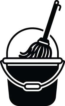Black and white icon of a cleaning mop inside a water bucket for housekeeping and floor washing