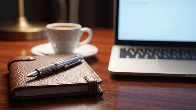 Warm Morning Coffee, Leather Notebook, Fountain Pen, Wood Desk, Laptop Productivity, Focused Calm, Contemplation, Cozy Atmosphere, Steaming Cup, Journaling