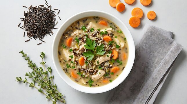 A bowl of comforting chicken wild rice soup garnished with fresh herbs and surrounded by ingredients on a neutral grey background viewed from above