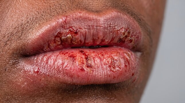 Extreme close up of dark skin man with severely chapped cracked bleeding lips and cheilitis