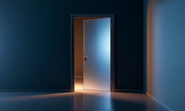 Open door in dark room with mysterious light source glowing from inside