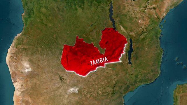 Zambia highlighted on world map with national flag aerial animation motion footage