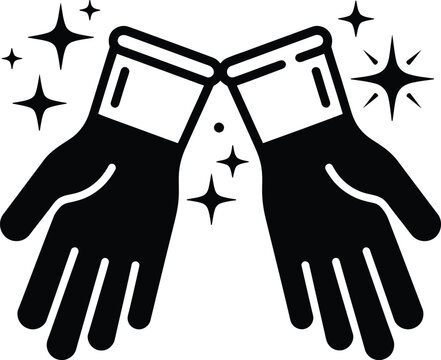 Black and white icon of a pair of clean rubber gloves with sparkle stars for hygiene and cleaning