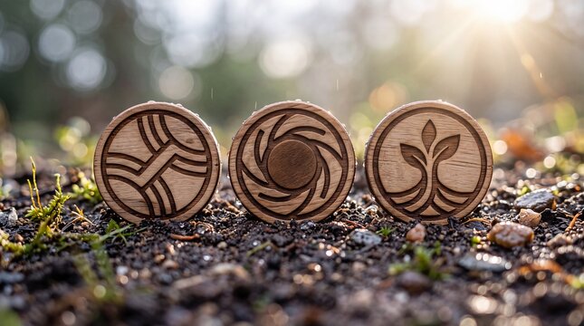 Three round wooden tokens with engraved symbols resting on damp soil in a forest clearing with Three circular wooden medallions featuring carved nature motifs sit dark moist ground outdoors