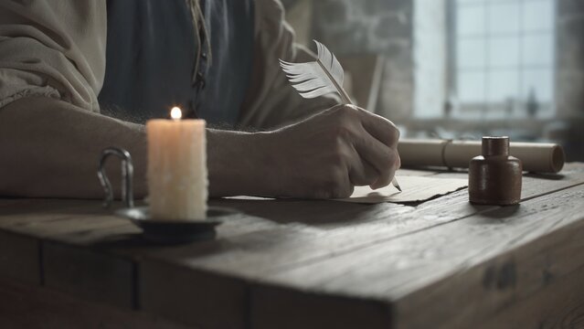 Hand of a medieval inventor writing with a quill pen at a wooden table near a burning candle and a ceramic inkwell