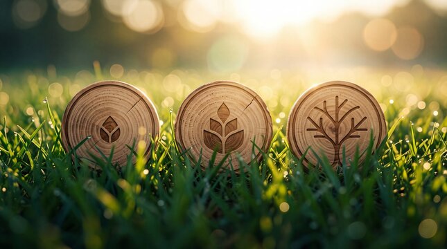 Three round wooden discs with carved leaf and tree designs standing upright in green grass field during sunrise with grass illuminated sunlight nature symbols placed environment