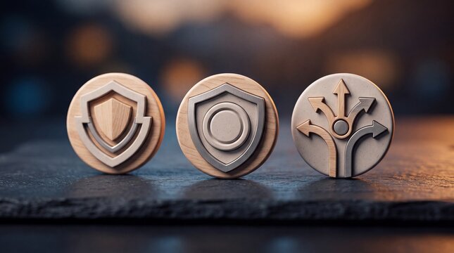 Three wooden round tokens featuring shield and arrow icons standing upright on a dark textured slate surface with blurred background with security directional symbols symbols arranged row