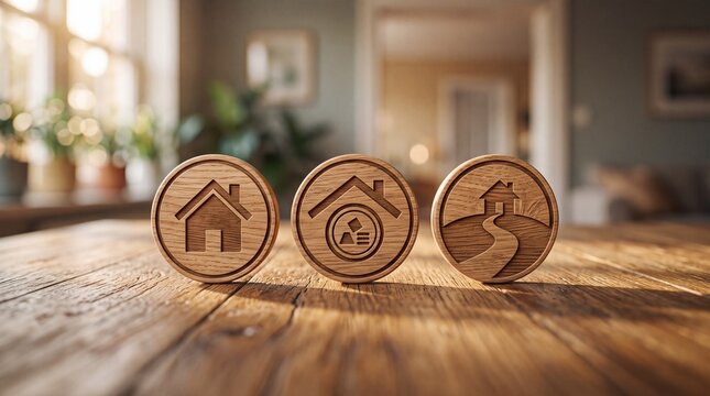 Wooden tokens with house icons and radiation symbols arranged on a rustic wooden table surface in a room with symbols standing textured circular wooden discs discs carved