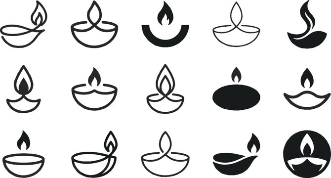 Set of black and white diwali diya oil lamp icons representing the traditional indian festival of lights celebration
