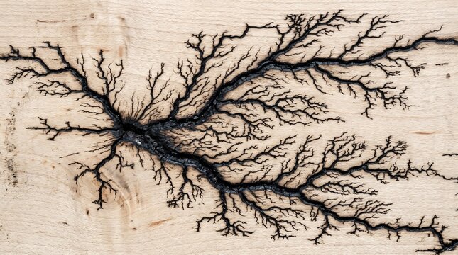 Lichtenberg figure wood burn pattern, fractal electrical discharge on natural timber surface.