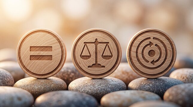 Wooden discs with carved equality balance and cycle symbols standing upright on smooth stones against a blurred background with equality justice scales scales circular arrows