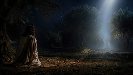 Naklejka premium Jesus praying in garden of Gethsemane at night. Man kneeling under olive tree with angel in divine light. Biblical scene of prayer, agony and faith. Christian and Easter concept.