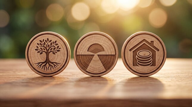 Three wooden discs with engraved tree sun and house icons standing upright on a table surface with Wooden tokens featuring nature home symbols arranged row textured surface