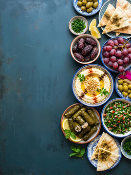 Assorted middle eastern appetizers and mezze dishes served on a dark rustic table background.