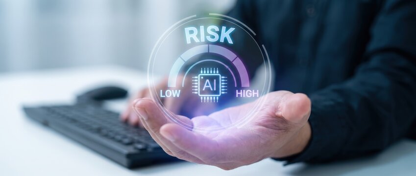 Conceptual image of a person holding a holographic display indicating ai risk levels demonstrating the intersection of technology and risk assessment in modern business.