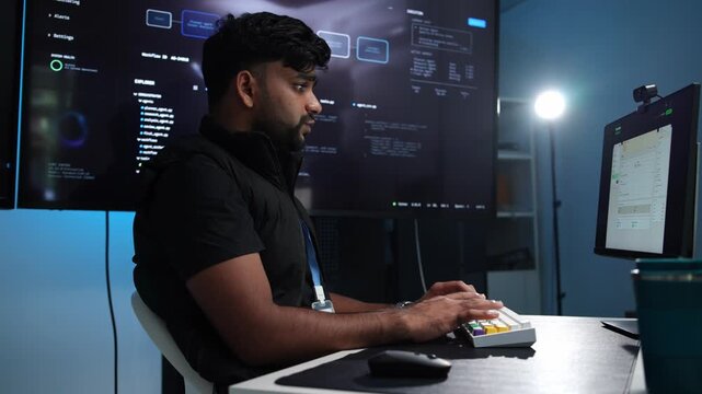 Concentrated young professional utilizing advanced technology at a workstation in a contemporary office setting