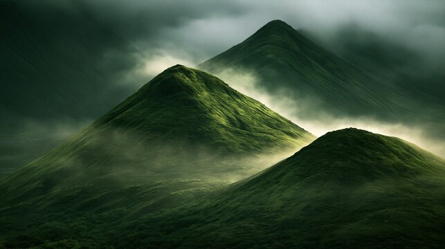 Dramatic moody landscape with lush green rolling mountain peaks wrapped in soft low clouds and mist, atmospheric natural scenic view over wilderness hills