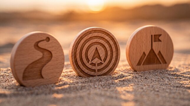 Three round wooden tokens with engraved symbols arranged in a row on sandy ground outdoors with mountain flag sit sand featuring engraved icons path target mountain circular wooden