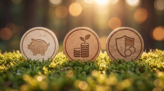 Three wooden coins with money symbols standing upright on green moss in sunlight with wooden tokens financial financial icons placed circular wooden placed bed sustainable