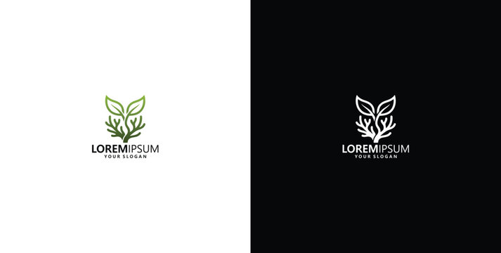 Eco-friendly leaf and root logo design template with natural green sprout vector symbol for organic business identity