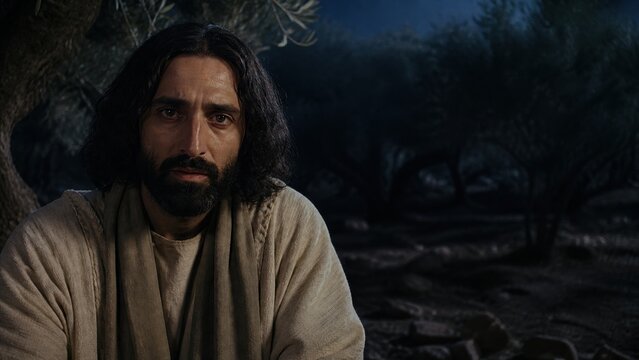 Jesus Christ praying in garden of Gethsemane at night. Biblical scene of sorrow and agony before crucifixion. Prayer, faith, hope of resurrection and salvation concept.