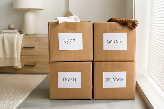 Four cardboard boxes labeled KEEP, DONATE, TRASH, and RELOCATE are stacked on a floor in an indoor setting.