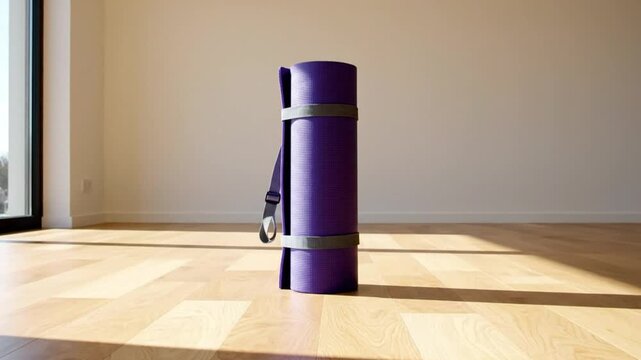 Rolled-up purple yoga mat with gray straps and carrying strap stands upright on light-colored wooden floor inside bright room with natural light