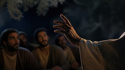 Obraz premium Hand of Jesus reaching toward disciples at night in garden of Gethsemane. Christ teaching men to pray on Mount of Olives. Biblical scene. Faith, prayer and devotion concept.