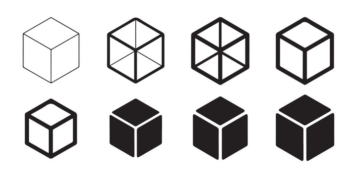 Isometric cube wireframe and solid black shape set representing architectural perspective and layout designs.