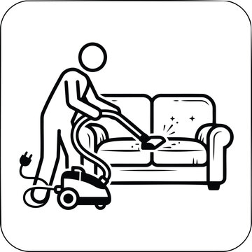 Person cleaning a sofa with a vacuum cleaner line art icon