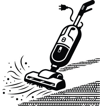 Black and white illustration of a modern vacuum cleaner cleaning a dirty carpet floor at home
