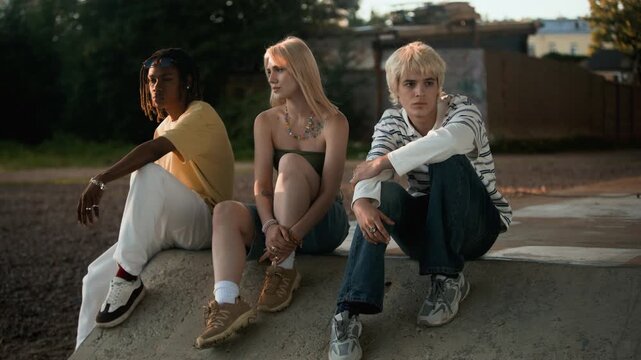 Portrait of diverse teenagers sitting on concrete ramp outdoors, including Black male and Caucasian male and female. Clip is perfect for youth lifestyle and diversity marketing campaigns