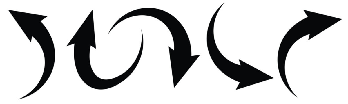 Curved swoosh arrow icon set with dynamic tapered direction symbols