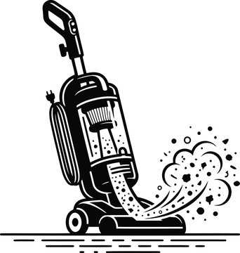 Black and white illustration of an upright vacuum cleaner cleaning dust from a floor surface