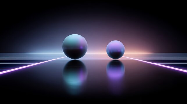 Two glowing 3D spheres reflecting on smooth surface with neon laser grid lines creating a retro futuristic synthwave aesthetic