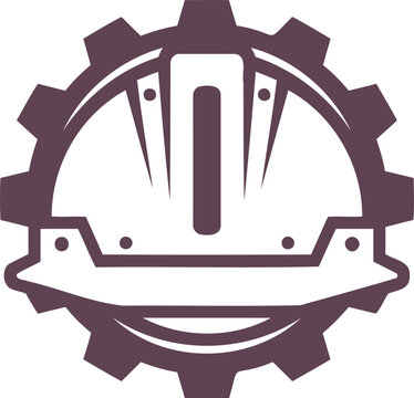 Industrial construction hard hat helmet inside gear wheel emblem vector with engineering