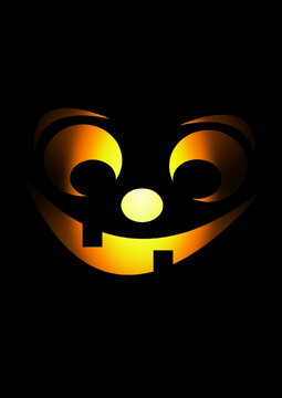Vector illustration of a glowing orange jack-o'-lantern face with a round nose and playful toothy smile isolated on a dark black background. Ideal for Halloween party invites, carved pumpkin templates