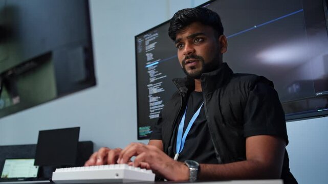 Focused male programmer working on computer in modern office with dual monitors and technology setup