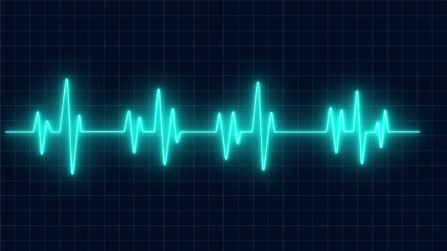 Broken heart syndrome concept ,Electrocardiogram heartbeat pulse monitor glowing blue light dark grid background showing vital. Neon line electrocardiogram animation. 4K video