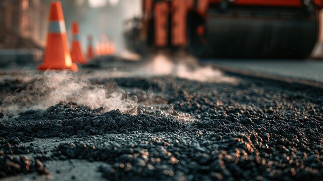 Road construction scene with steaming fresh asphalt and traffic cones.